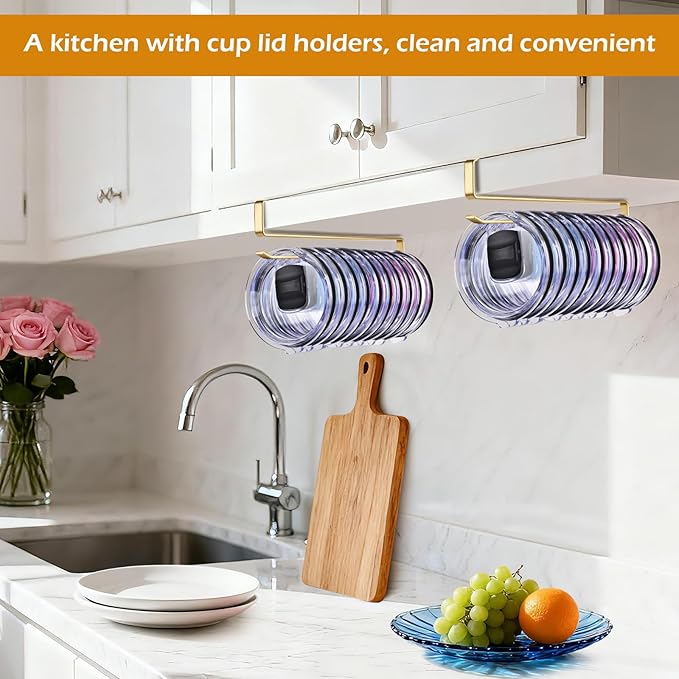 Tumbler Lid Organizer, Kitchen Space-Saving Cup Holder, Organizers for Under Cabinet Storage, No Glue or Drilling Required (Golden)