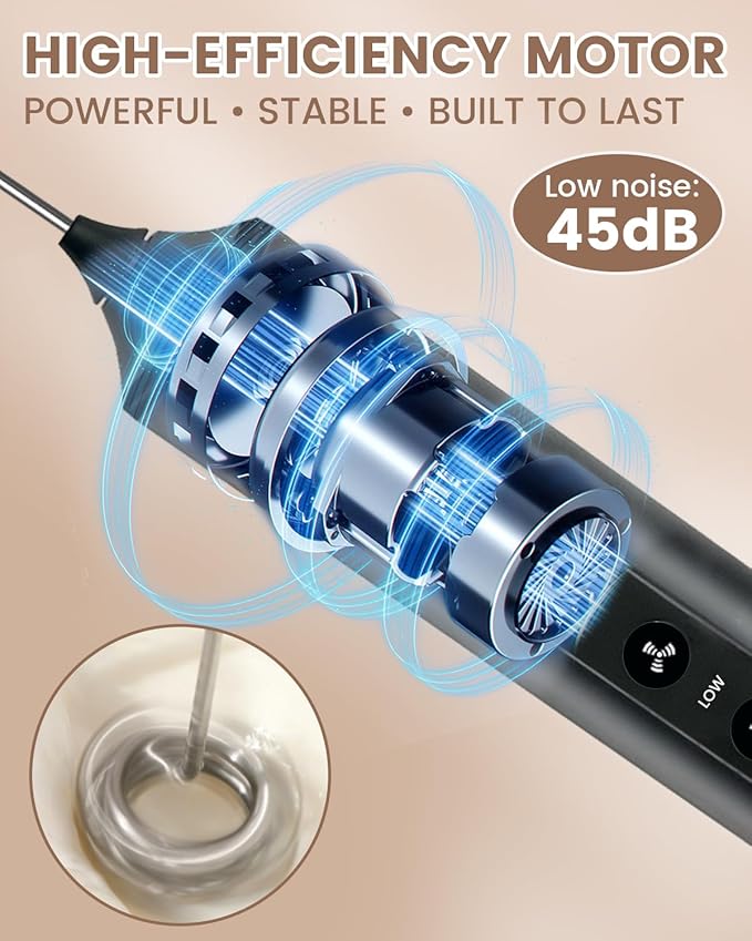 Rechargeable Handheld Milk Frother Wand, 3-Speed Preventing Splashing Electric Drink Mixer with Box, 10-Second Frothing for Coffee, Matcha, Latte, Cappuccino, and Protein Shakes, Black