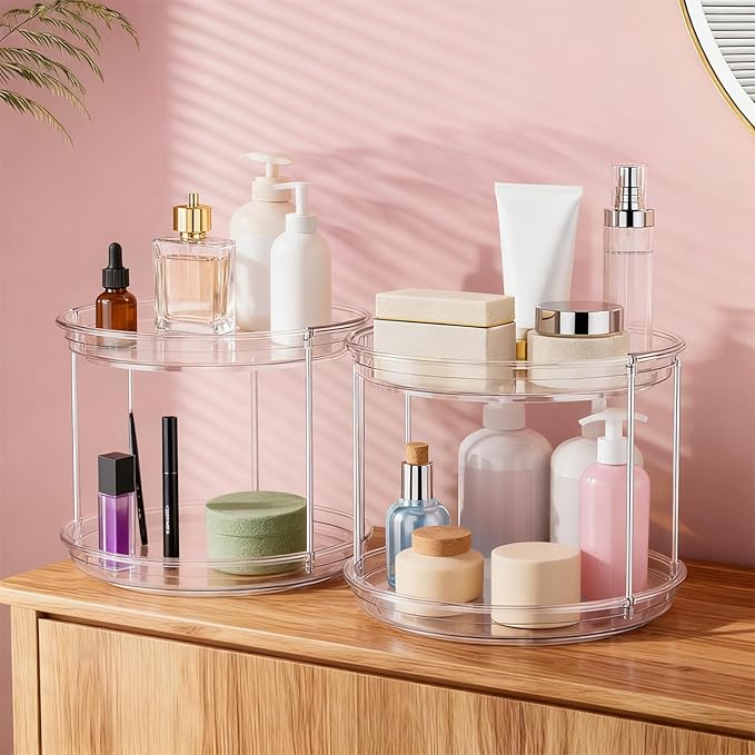 3 Pack 2 Tier Turntable Organizer, 9.6 Inch Clear Rotating Spice Rack for Cabinet, Kitchen, Pantry & Bathroom Countertop, Stackable Rotating Organizer for Medicine, Makeup & Condiments