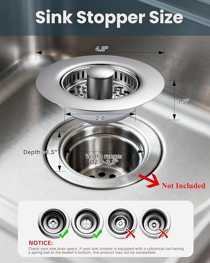 ARCORA Kitchen Sink Drain Strainer: Stainless Steel 3 in 1 Sink Stopper with Anti-Clogging Basket, Kitchen Strainer with Brass Bounce Core for Standard 3-1/2 Inch Drain, Chrome