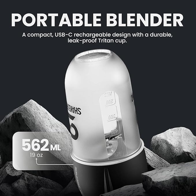 SHAKESPHERE Portable Blender for Shakes and Smoothies – 19oz Electric Personal Blender with Clear Tritan Cup, USB-C Rechargeable, Compact and Powerful for Travel, Gym, and Workout – Black