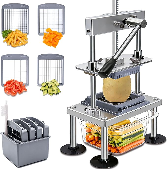 French Fry Cutter Goldtree Commercial Vegetable Chopper Professional Stainless Steel Potato Cutter Food Onion Dicer With 4 Replacement Blades for Tomatoes Fruit Carrots Cucumbers