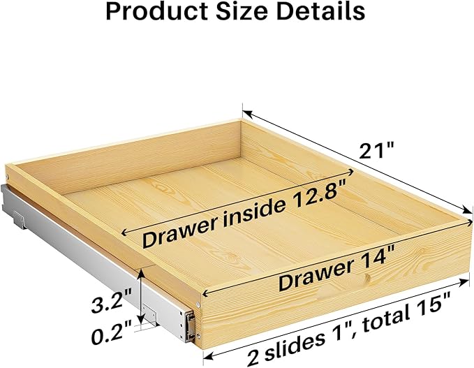 2Pack Pull Out Cabinet Organizer, Soft Close Wooden Slide Out Drawers for Pots, Full-extension Roll Out Shelves for Kitchen Cabinets, Pantry Organization, Bottom and Side Mount( 15"W X 21"D x 3.4''H)