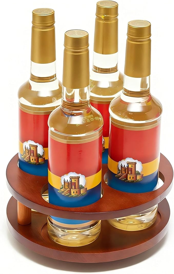 Wood Rotating Coffee Syrup Organizer, 4 Bottles Coffee Syrup Rack, Coffee Station Organizer with Large Base and Anti-Slip Pad