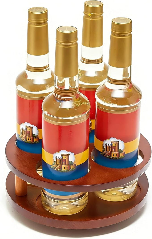 Wood Rotating Coffee Syrup Organizer, 4 Bottles Coffee Syrup Rack, Coffee Station Organizer with Large Base and Anti-Slip Pad
