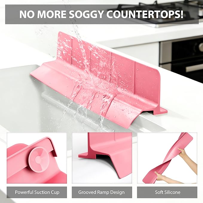 23Inch Sink Splash Guard – Extended Length & Tall Silicone Kitchen Sink Splash Guard with Overhang Drainage Design & Strong Suction Cups for Countertop (Rose Pink, 23''x3.5'')