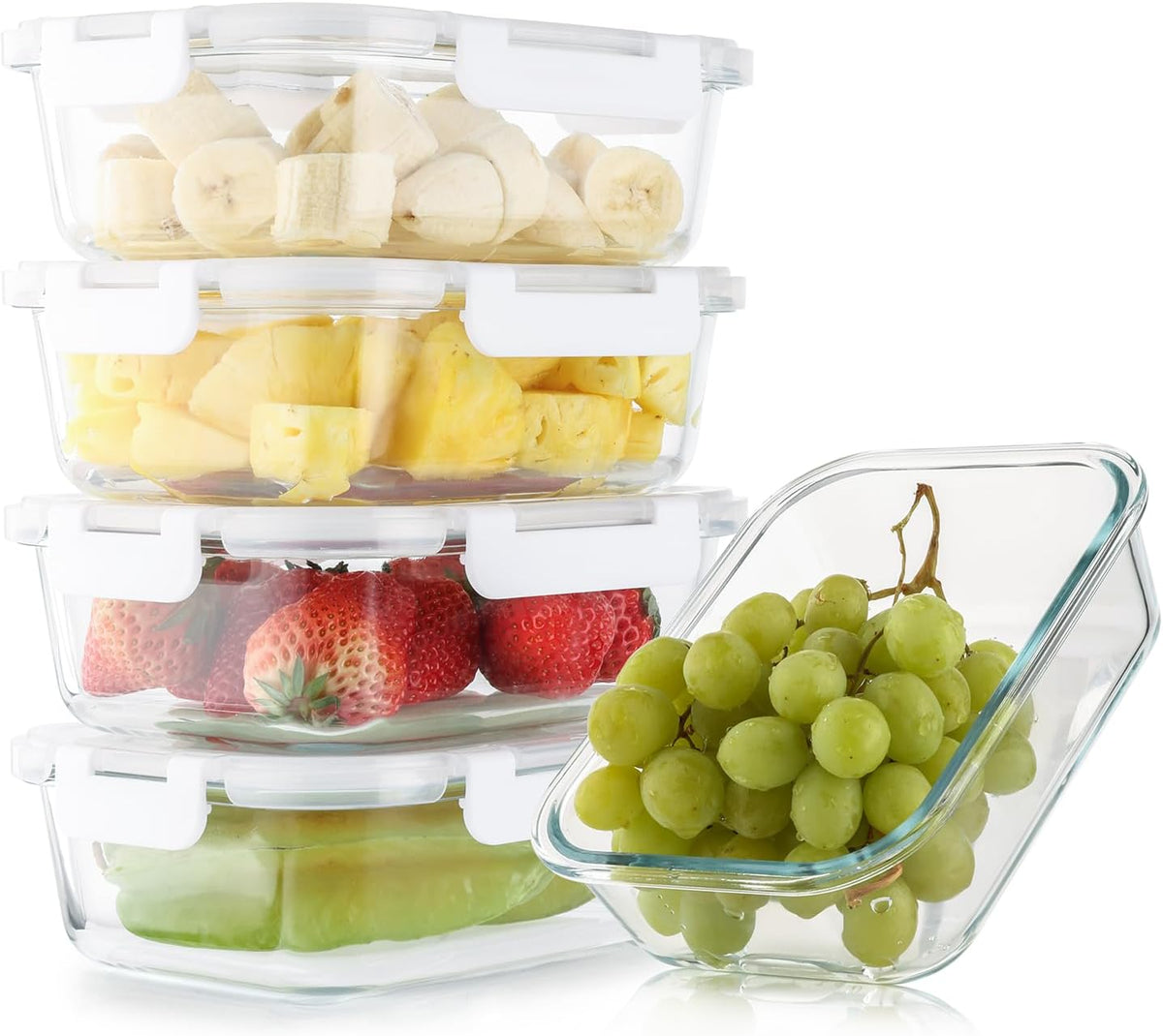 5 Pack 36 Oz Glass Meal Prep Containers with Lids, Reusable Glass Food Storage Containers with Lids, Leak Proof, Microwave, Oven, Freezer and Dishwasher Safe (White)