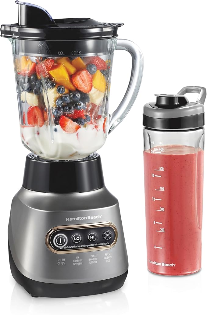 Hamilton Beach Wave Action Blender for Smoothies, Stainless Steel Ice Sabre Blades, 40oz Glass Jar, 20oz Blend-In Portable Travel Jar, 800 Watts, Quiet Design, Silver (58181)