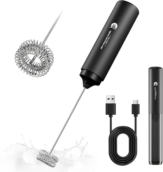 Rechargeable Milk Frother Handheld, 2-IN-1 Dual Spring Whisk Electric Frother Wand for Cappuccino Latte Macchiato, Portable Drink Mixer for Coffee, Matcha, Hot Chocolate