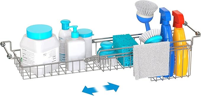 Over The Kitchen Sink Caddy Sponge Holder Organizer Drying Rack Expandable for Sponge Brush Soap Dish Cloth Rag Smaller 14.5" to 22", Stainless Steel