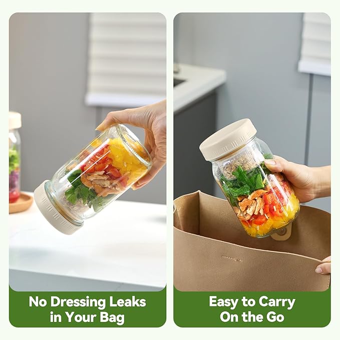 4 Pack Glass Salad Pod Mason Jar with Dressing Cup, 32 oz Salad Container to Go with Lids Meal Food Prep for Adults Lunch, Large Travel Mason Jar Bowl with 2 Insert Dressing & Topping Holder