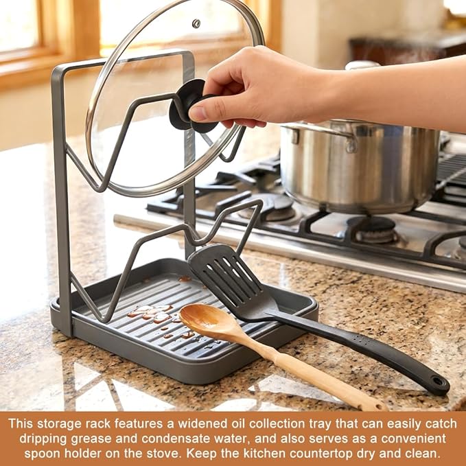 2-Tier Pot Lid Holder for Stove Top, Heavy Duty Carbon Steel Pot Lid Organizer with Detachable Drip Tray & Spoon Rest, Multifunctional Kitchen Rack for Countertop (Gray)