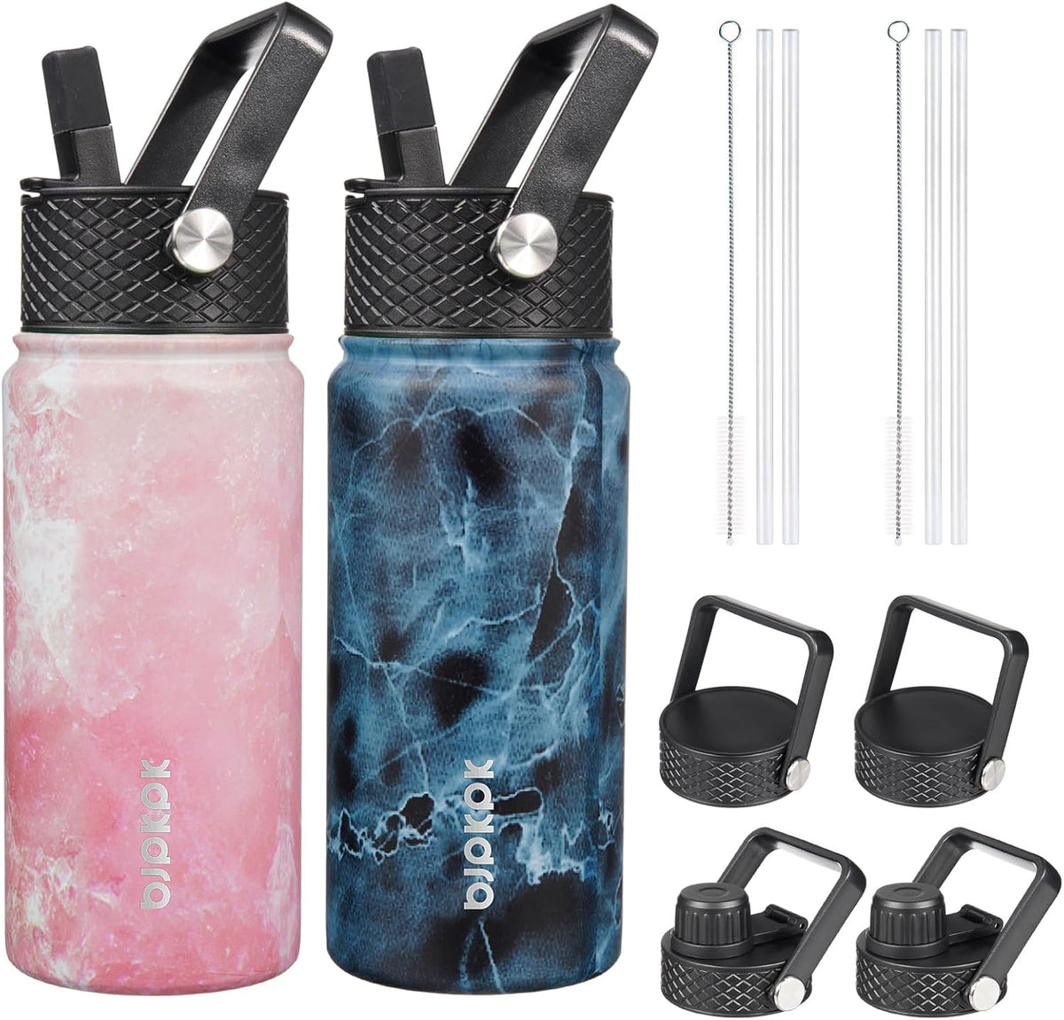 2 Pack 18oz Insulated Water Bottles with Straw Lids, Stainless Steel
