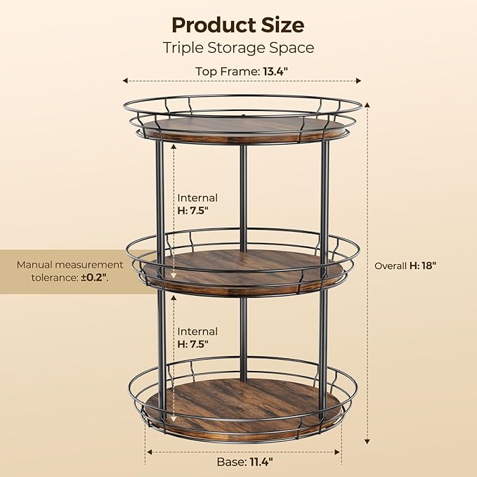 LAMU 12'' Lazy Susan Turntable Organizer, 3 Tier Round Rotating Spice Rack Organization for Kitchen Cabinet and Countertop, Wooden Lazy Susan for Table Top, Pantry, Bathroom, Vanity, Home Decor