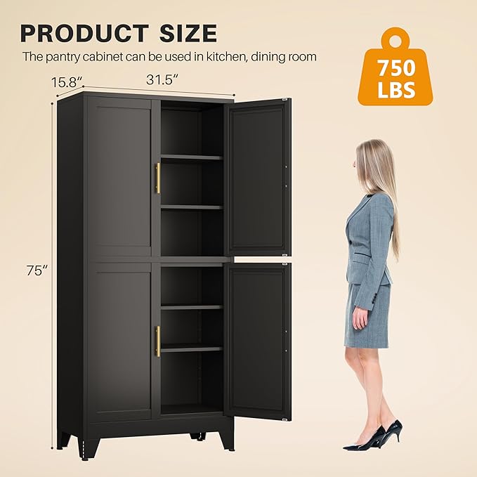 winiowa 75" Tall Kitchen Pantry Cabinet, Metal Storage Cabinet with Doors and Adjustable Shelves, Black Freestanding Pantry Cabinet for Kitchen, Dining Room, Living Room, Laundry Room, Bathroom