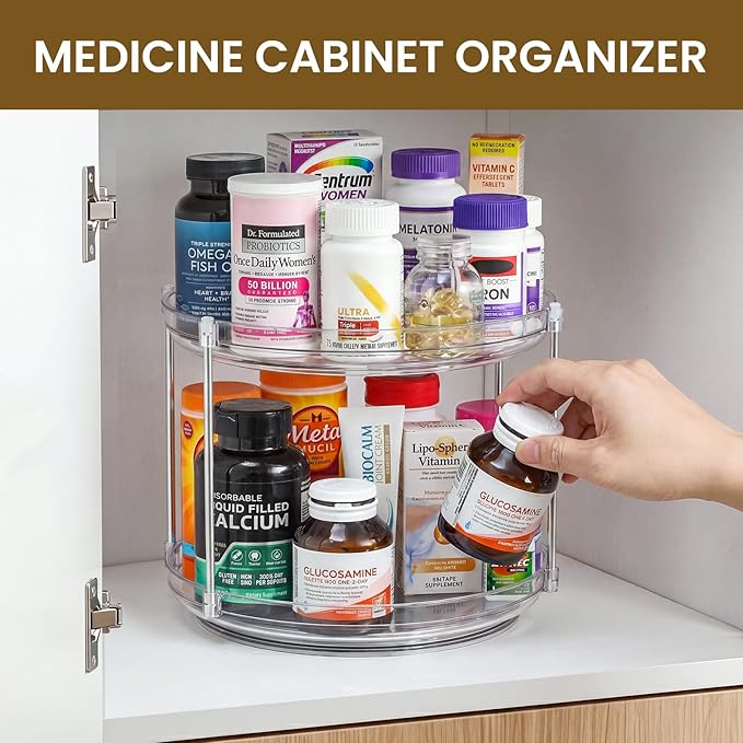 2 Tier Non-Skid Acrylic Lazy Susan Turntable Organizer - Rotating Spice Rack - Spinning Organization Tray for Kitchen, Pantry, Countertop, Closet, Bathroom, Vanity, Medicine Cabinet Organizing, 12''