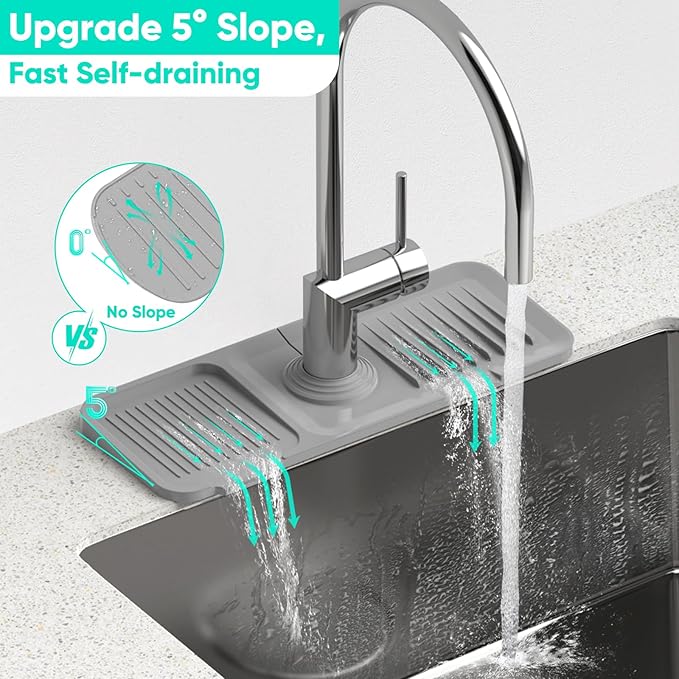 14.6'' Faucet Mat for Kitchen Sink [5°Slope Fast Self-draining] Kitchen Sink Splash Guard Silicone Kitchen Sink Faucet Mat Splash Guard for Kitchen Sink Area Tidy Splash Faucet Guard Draining Mat