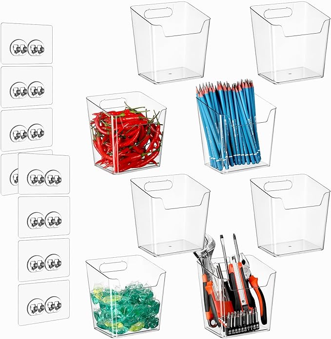 8-Pack Adhesive Cabinet Door Organizer Kitchen, Hanging Storage Bins, Stick on Small Wall Storage Container, Bathroom Floating Shelf Under Sink Caddy Spice Rack for Pantry Organizer, Office, Dorm