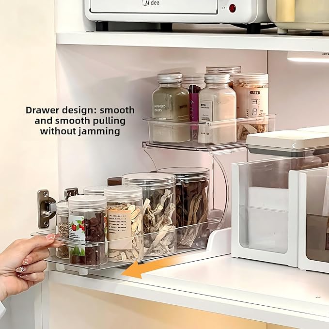 Jsyrjing Pull Out Spice Rack, 2 Tier Clear Cabinet Organizer for Kitchen and Bathroom Storage, Rotating Pantry Organizer and Makeup Organizer for Drawer, Durable Design, 2 Pack Under Sink Organizer