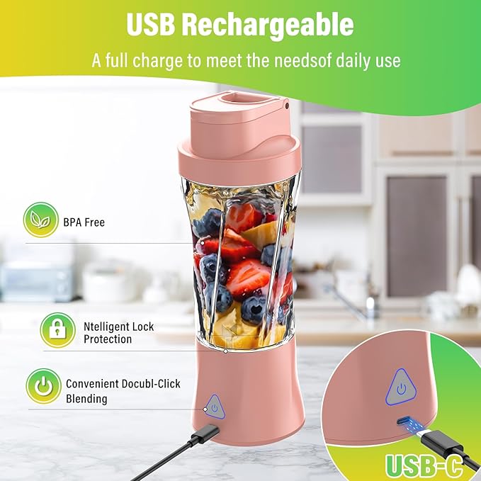 Portable Blender, 360W Personal Blender for Shakes and Smoothies for Kitchen, 24 Oz BPA Free Traveling Juicer Cup and Lid with 6 Blades, Self Cleaning Portable Juicer for Kitchen/Travel/Gym, Pink