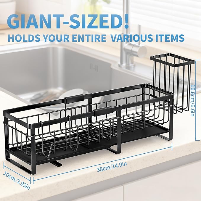 Aurblozen Extra Large Extendable Sponge Holder for Kitchen Sink, Rustproof Sink Caddy Organizer with High Brush Holder, Dish Soap Dispenser Organizers and Storage (Black)