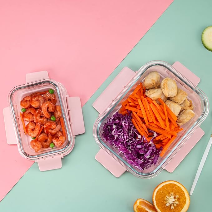 Glass Meal Prep Containers 10 Pack, Food Storage Containers with Snap Locking Lids Airtight Built in Air Vents, Glass Containers for Lunch, Microwave/Dishwasher Safe, Pink