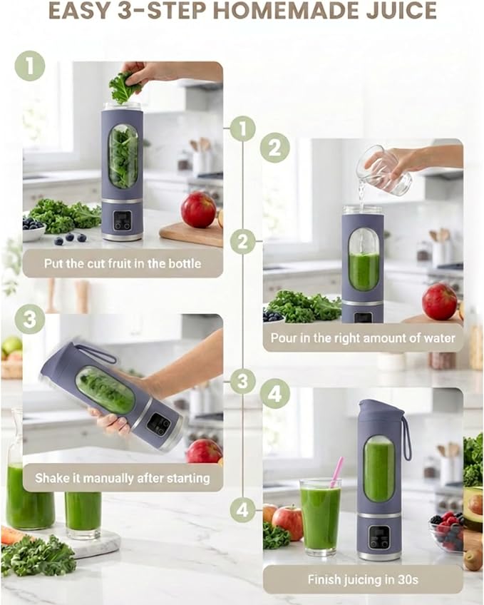 Portable Personal Electric Blender，500ML Portable Shakes and Smoothies Blender，12 Blades USB Rechargeable Small Blenders、Mixing、Compact、Convenient and Versatile (Purple)