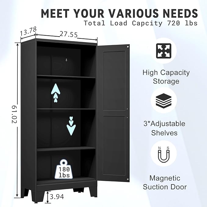 GAIOUS 61.02" Kitchen Pantry Cabinet, Pantry Storage Cabinet with 2 Doors and Adjustable Shelves, Black Food Storage for Kitchen, Living Room, Bedroom and Dining Room (Black) Metal Sideboard