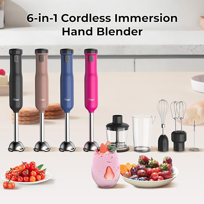 Rosewill 6-in-1 Multi-Speed Cordless Rechargeable Immersion Hand Blender, Heavy Duty Motor - Stick Blender, Beaker, Whisk, Chopper, Dual Beater, Milk Frother - For Smoothies, Baby Food, Soup - Black