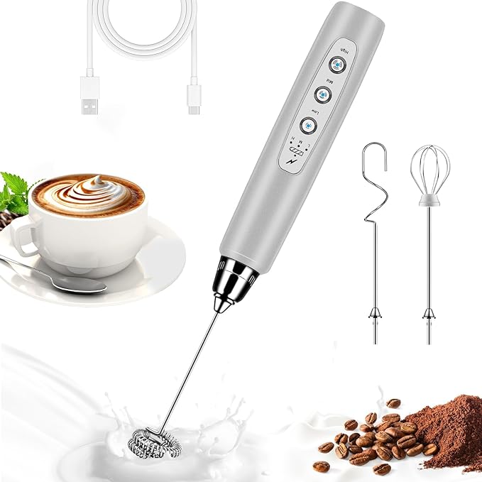 BSRGMS Milk Frother Handheld for Coffee, Electric Whisk 3 Speed Adjustable, Drink Mixer with Stainless 3 Whisks, Rechargeable Hand Frother Wand