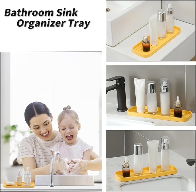 MicoYang Silicone Kitchen Sink Organizer Tray for Multiple Usage,Easy Clean,Eco-Friendly Sponges Holder for Kitchen Bathroom Counter or Sink,Dish Soap Dispenser,Scrubber,Bottle,Cup Yellow 12" x 4”
