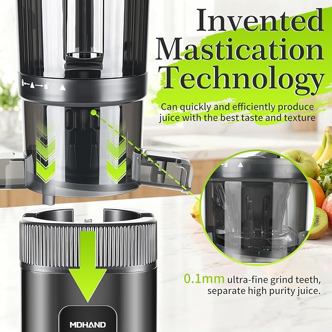 MDHAND Juicer Machines, Cold Press Juicer, Quiet Slow Masticating Juicers with Large Feed Chute, High Juice Yield, Easy To Clean, Juice Extractor Machines for Whole Vegetables & Fruits