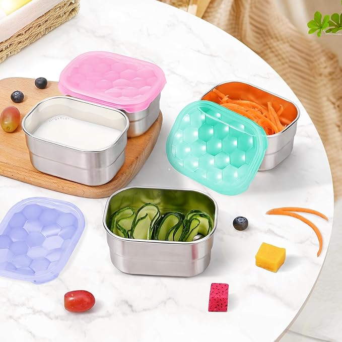 Tanjiae 8oz Small (1 CUP) Stainless Steel Snack Containers for Kids and Toddlers (Ages 1-3) | Easy Open Leak Proof Food Containers with Silicone Lids - Perfect Metal Lunch Box for Daycare and School
