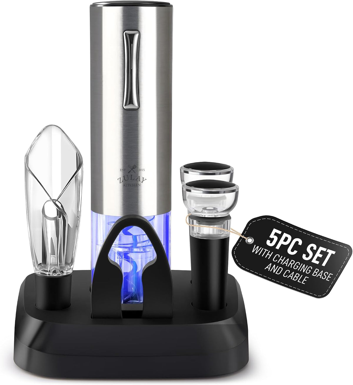 Electric Wine Opener with Charging Base - Electric Wine Bottle Opener, Stainless Steel Wine Opener - Aerator Pourer, Foil Cutter & 2 Vacuum Stoppers - Silver