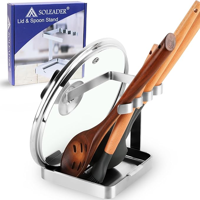 SOLEADER Pot Lid Holder While Cooking, 2 in 1 Stainless Steel Upright Spoon Rest with Drip Tray, Space Saving Kitchen Utensil Organizer for Stove Top Countertop, Lid Rack for Pots and Pans