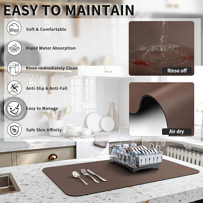HotLive Dish Drying Mat for Kitchen Counter, Heat Resistant Drainer Mats with Non-slip Rubber Backed, Hide Stain Kitchen Super Absorbent Draining Mat, Easy to Clean Dish Rack Pad, Brown 18"x28"