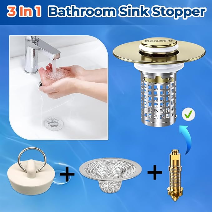 Bathroom Sink Stopper, Stainless Steel Pop-up Sink Stopper Hair Catcher with Removable Basket (2PACK)