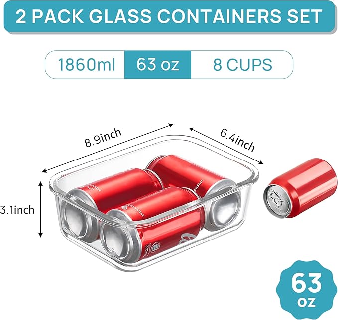 Vtopmart 2Pack 1860ml/63oz Large Glass Containers Food Storage with Lids, Meal Prep Food Container Set with Snap Airtight Lid for Baking, Microwave, Oven, Leak Proof, for Freezer, Dishwasher, Green