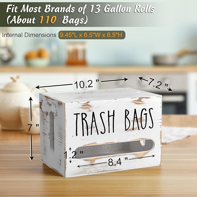 DRASTAR Trash Bag Holder, Wooden Stackable Trash bag Dispenser Wall Mount, Large Garbage Bag Dispenser for for 13-gallon Trash Bags Roll Holder, Kitchen Laundry Room Organization, Retro White