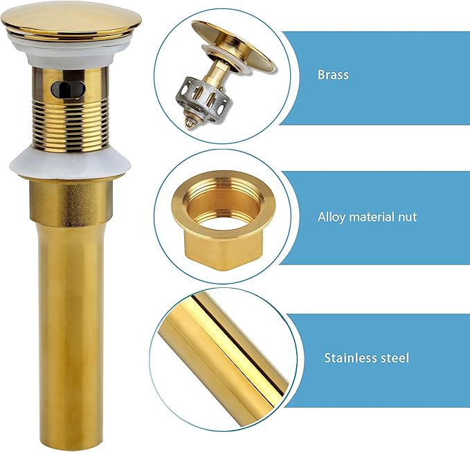 Rockgoya Bathroom Sink Drain, 2 Pack Gold Drain Stopper Bathroom Sink with Overflow, Pop Up Drain Assembly with Detachable Strainer Basket, Built-in Anti-Clogging Strainer,Stainless Steel