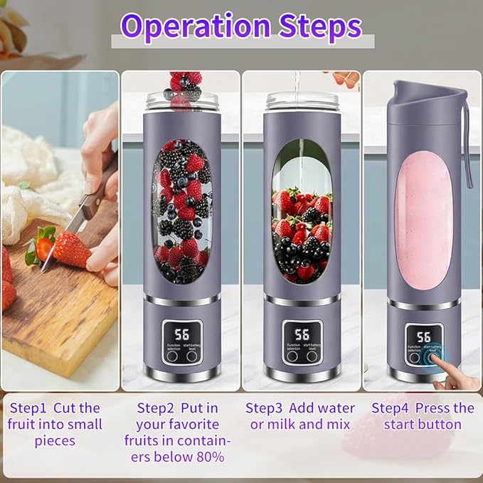 Portable Personal Blender, 500ML Cordless Compact Travel Juicer for Shakes & Smoothies, Small Blenders with Smart time display, Self-cleaning, BPA Free Cup & Lid, 12 blades, USB-C Rechargeable Purple