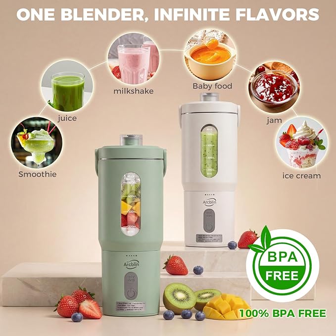 Personal Portable Blender, Detachable To-Go Cup& Carry Handle,17oz Blender Cup for Shakes and Smoothies, Rechargeable Mini Juicer for Gym, Baby Food, Auto-Shutoff, BPA Free, Green