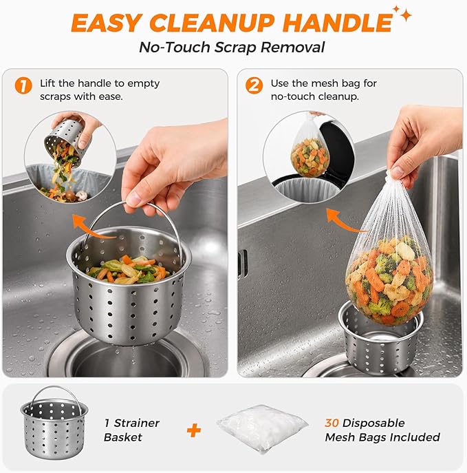 Deep Sink Strainer Basket – Fits Standard 3-1/2" Kitchen Drains – Stainless Steel Removable Strainer with 30 Disposable Mesh Bags – Makes Cleaning Food Debris Quick & Easy