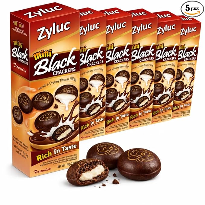 Zyluc Mini Black Crackers – Tiramisu Flavored Snack with Coffee Cocoa Blend – 35g Portable Pack – Light Crunch, Halal Certified, Made with Non-GMO Ingredients – Product of Indonesia – Pack of 5