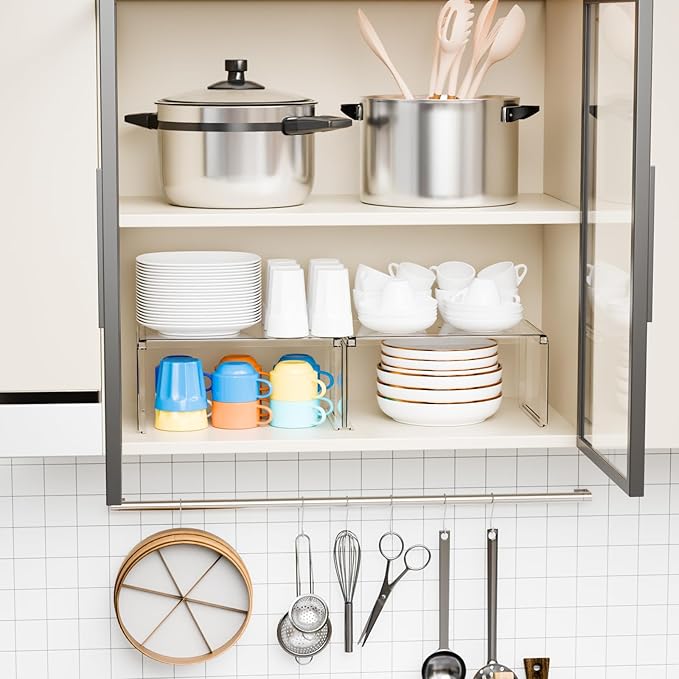 Yieach 4 Pack Acrylic Cabinet Organizer,2 Tier Stackable Shelves for Cabinets,RV Pantry Organization,Counter Space Saver Desk Organizers,Cupboard Shelf and Cabinet Stand & Risers for Mug,Cup,Dish
