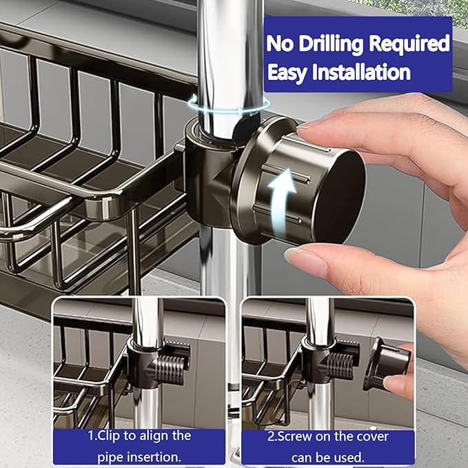 Kitchen Sink Faucet Organizer Multifunction Sponge Holder Organizer Sink Drain Holder Over Faucet Kitchen Sink Caddy with Hook Adjustable for 0.7-1.1inch Round Water Pipe (Silver, S)