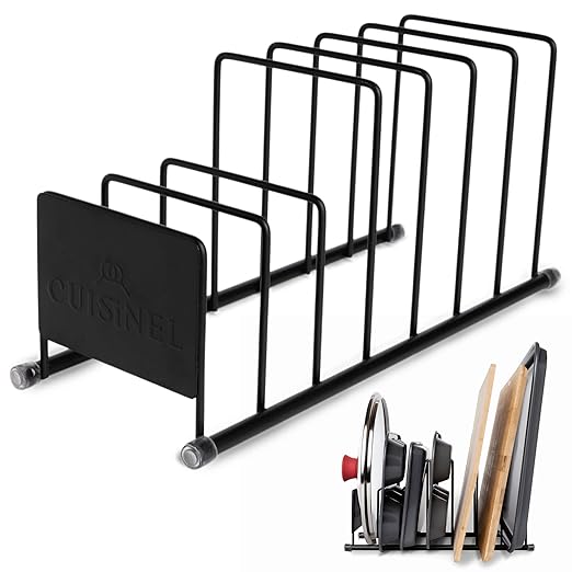 Cuisinel Pot Lid and Dish Organizer Rack - Matte Black Kitchen Storage/Organization Stand - 7-Tier Cabinet/Counter, Cookware, Pots and Pan Lids/Covers, Cutting Board Holder Organizer