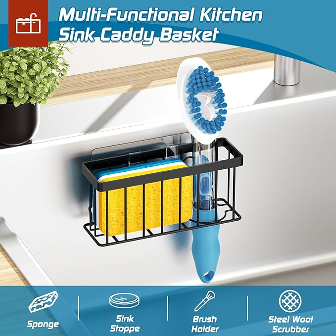 MURLONG Sponge Holder for Kitchen Sink,Sink Caddy Organizer with Suction Cups/Adhesive Strips,Dish Sponge Holder Design for Sponges,Scrubber,Stoppers-Black