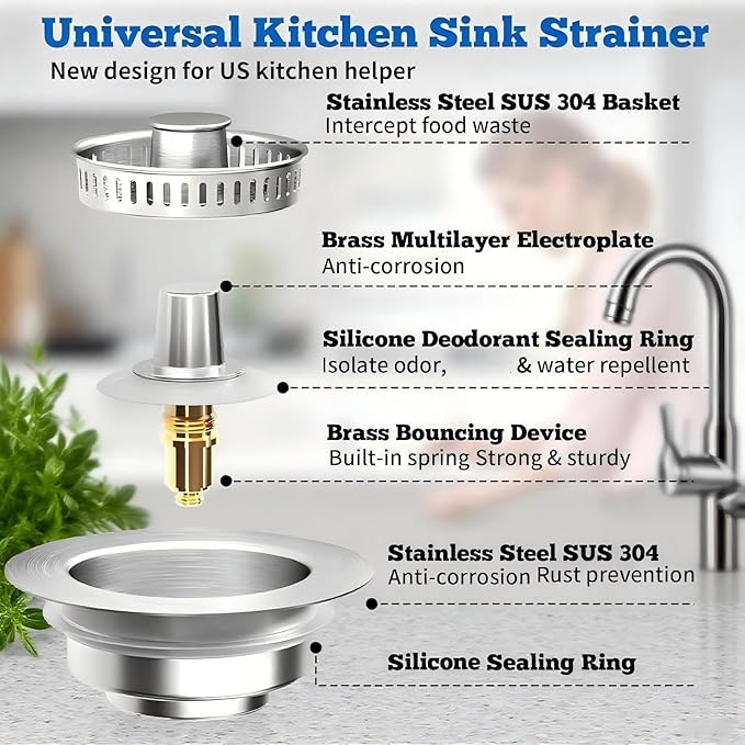 3-in-1 Kitchen Sink Drain Strainer Stopper, 304 Stainless Steel Pop Up Drain Plug, Anti-Clog Odor Prevention Sink Basket, Tool-Free Easy Install, Fits US Standard 3-1/2" Drain Hole, 2 Pack