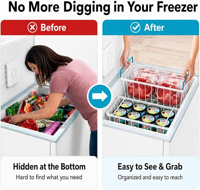 iSPECLE Deep Freezer Organizer Bins - Fits 7 Cu.Ft Chest Freezer, 8 Pack Stackable Wire Baskets(14.7" Length), Heavy Duty Coated Freezer Organizer, Rust Resistant for Frozen Food Sorting, White